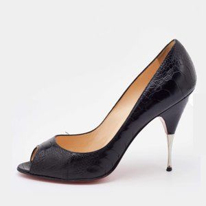 Christian Louboutin Yotruche Peep Toe Pumps Black Ostrich Leg Leather Stilettos